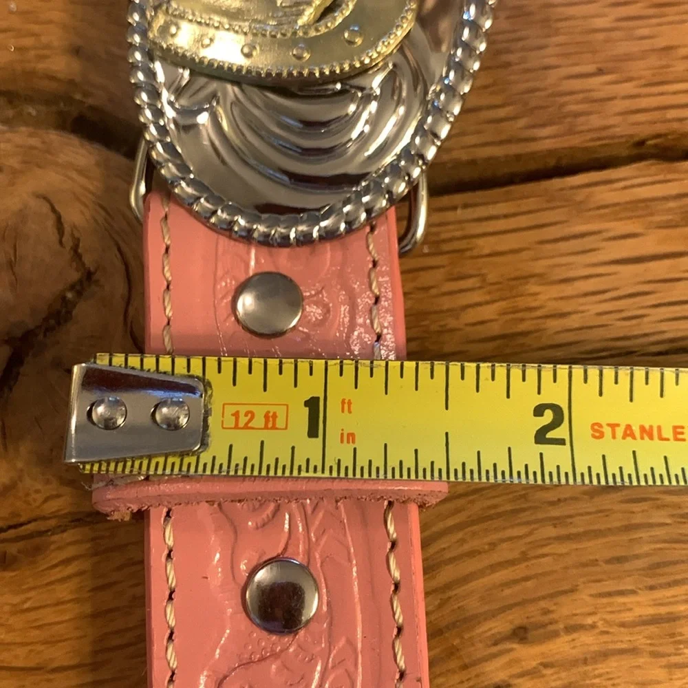 NOCONA PINK TOOLED LEATHER COWGIRL BELT WITH HORSE AND HORSESHOE BUCKLE